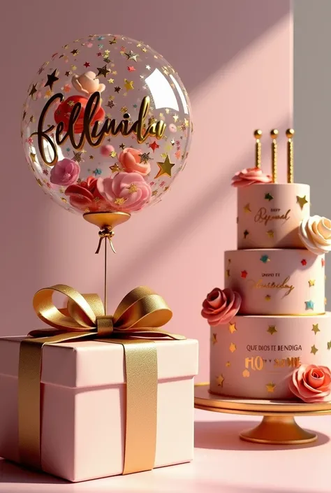 A 3D rendering of a luxurious and stylish birthday celebration for Yo mismo soy. A beautifully crafted gift box sits on a table, adorned with elegant writing that reads "Felicidades Katherine Murillo". A whimsical, multi-element balloon filled with paint, ...