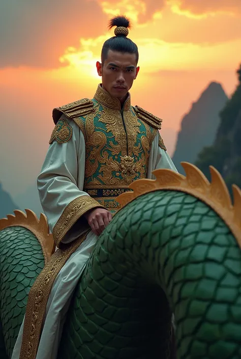  Hyper realistic photo in wide view of a handsome man emperor of Indonesia,  face facing the camera ,  mans face is very clear ,  wearing a white gold patterned war suit , arm ornament ,  sitting behind the head of the mythical green dragon the golden flak...