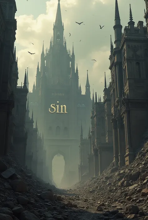 Draw me a big and giant empire in the process of collapse because its only pillar with the word "Sin " In French was demolished .  And the rubble falls to the ground.