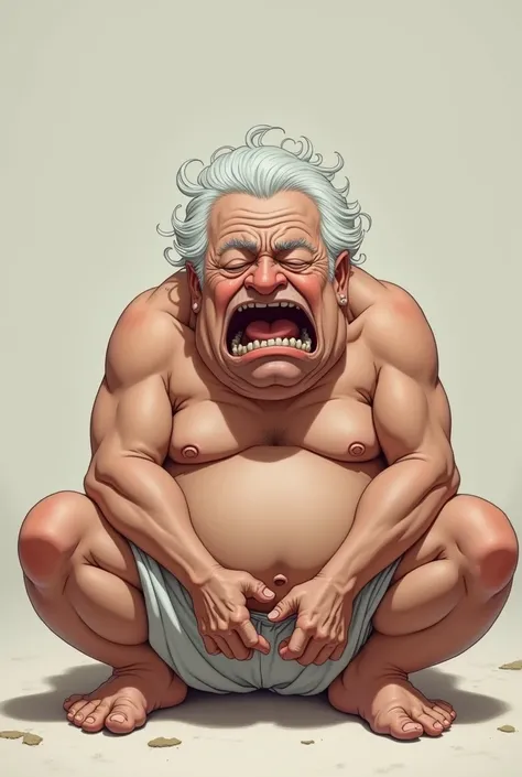 Old fat anime guy, white hair, knee down, crying hard, open mouth, white shorts