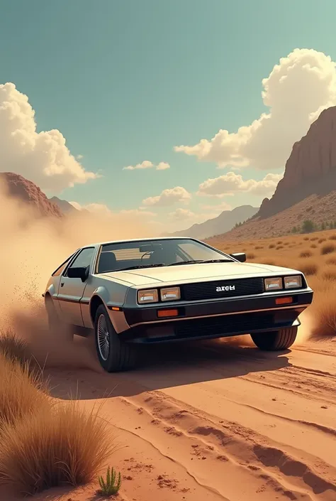 there is a car that is driving on a dirt road, concept art inspired by Ueda Fumito, polycount contest winner, auto-destructive art, ae 8 6, delorean background, initial d, realistic cars, initial d anime 1 0 8 0 p, delorean, initial d anime screenshot, kni...