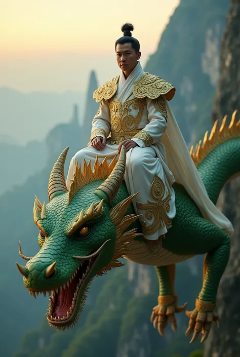  Hyper realistic fhoto in the broad view of a random man of the Indonesian emperor,  face facing the camera ,  mans face is very clear ,  wearing a white gold patterned war suit , arm ornament ,  sitting behind the head of the mythical green dragon the gol...