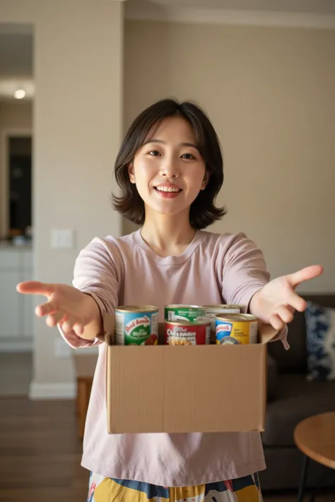 Open arms and hold a box of canned cat food