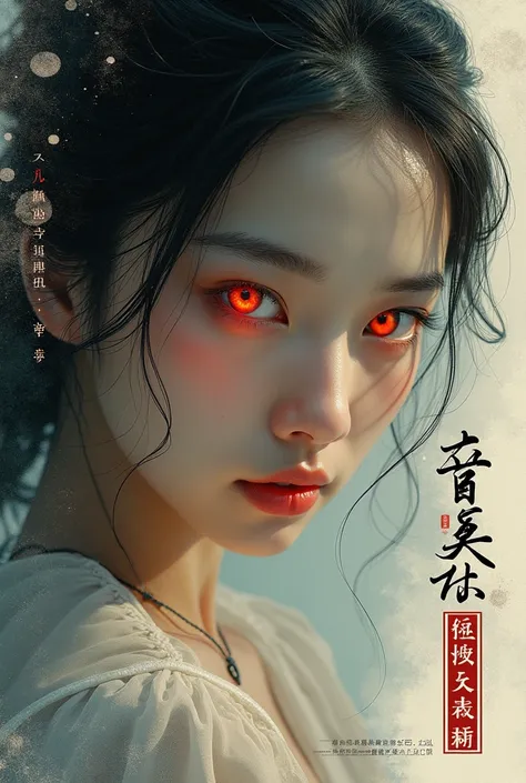 ( better quality, movie poster style ),  a beautiful woman with  (a red eye:1.2),( Chinese writing with meaning :1.1), perfectly combining the elements.