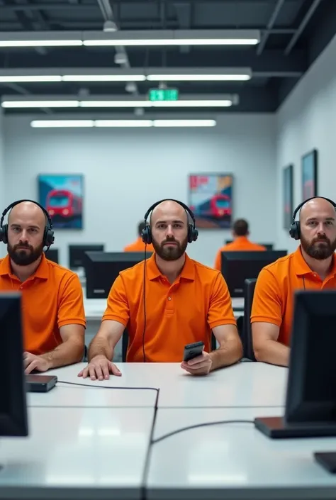 Office with straight white tables, flat screens and bald office workers with beards with orange polo with headphones, with train posters on the walls 