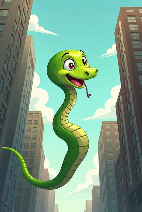 Create an image see a small green-skinned snake falling from a building I want it to be a female snake seen from below and a 2D image I want a cartoon image and for the snake to have a happy face I want it to be from a building in New York and Ill remove i...