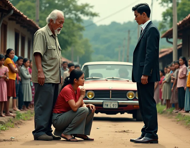 Foreground:

An old man (Asian) stands in old, tattered clothes and sandals. He stands upright but tired, his expression serious and austere, reflecting a life of hardship.

A young woman in a white blouse and red skirt kneels on the ground in front of the...