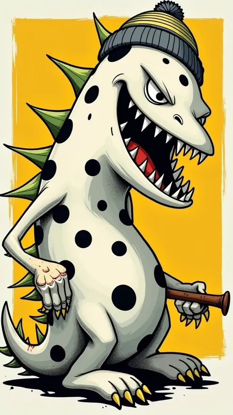 A cartoonish plant monster, positioned in the center of the image, is wearing a gray beanie with yellow stripes.  The monster has a wide, open mouth with large, sharp teeth, and a menacing expression. It is predominantly white with black polka dots.  The m...