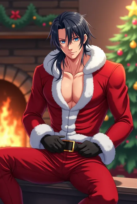 Seiya Kou Anime man smiling handsome sexy strong blue eyes long black hair tied in a low ponytail long Santa Claus costume red pants unbuttoned red coat from above black boots red and white Christmas hat, Close to the Christmas pine tree pose sexy the burn...