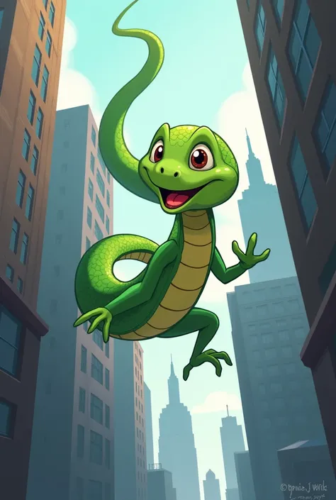 Create an image see a small green-skinned snake falling from a building I want it to be a female snake seen from below and a 2D image I want a cartoon image and for the snake to have a happy face I want it to be from a building in New York and Ill remove t...