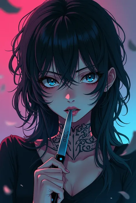  Anime girl with long, uneven hair and dark, licking a knife and looking crazy ,  with chameleon-colored gray blue eyes ,  tattooed all over her neck against the background of school villains 