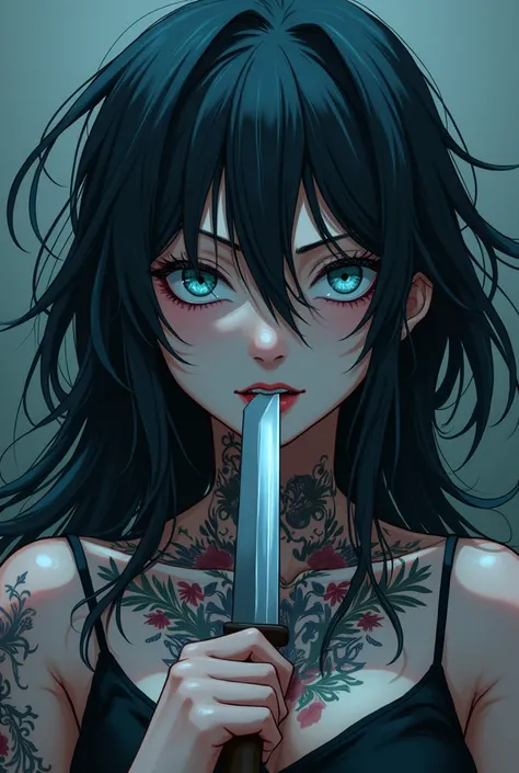  Anime girl with long, uneven hair and dark, licking a knife and looking crazy ,  with chameleon-colored gray blue eyes ,  tattooed all over her neck against the background of school villains 