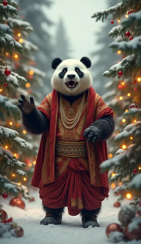 The panda character is personified, wearing traditional Indian mens clothing and singing. Christmas scene, heavy snowfall, many decorated pine trees and warm light