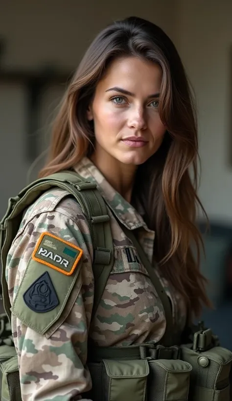 photo of a beautiful 30 year old woman, brown straight hair, strong arms, she is wearing a spring camouflage uniform with full gear. 4k, focus on eyes, (looking at camera:1.2),