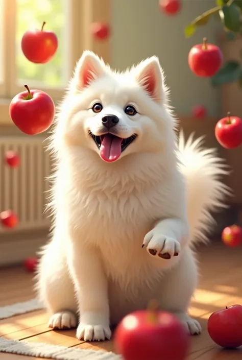 A cute white Samoyed dog is juggling with apples