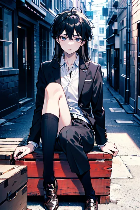 Full-body view, a man sitting on a wooden box, 8K resolution, high detail, around 20 years old, (one male:1.5), bored expression, black hair, slightly long hair:1.5, messy hair, drooping eyebrows, downturned eyes, pitch-black eyes, chic outfit, checkered j...