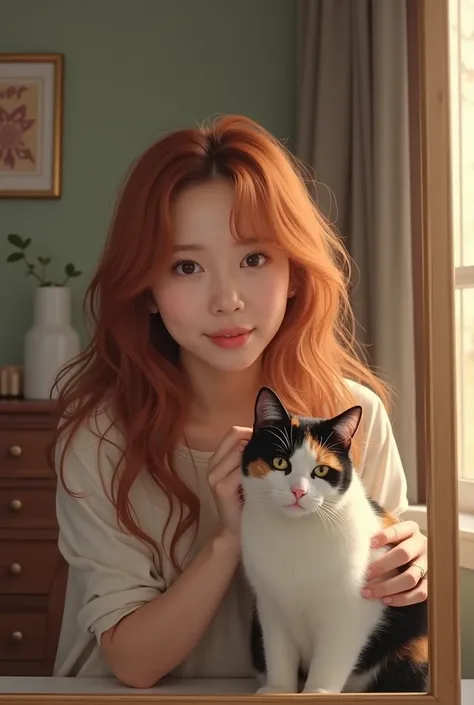 Chaeyoung from twice with long copper , Long and curly taking a selfie in front of the mirror while wearing comfortable clothes and stroking a calico cat,  realistic  