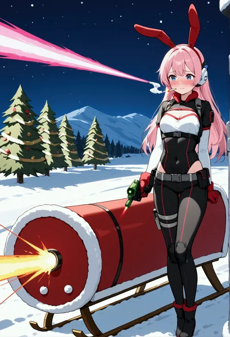 a cute woman (sexy sci fi combat outfit, cute, large laser gun smoking barrel, embarrassed), is apologizing to santa claus, she has shot up his sleigh, north pole Cristmas land
