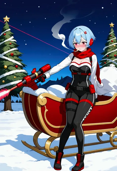 a cute woman (sexy sci fi combat outfit, cute, large laser gun smoking barrel, embarrassed), is apologizing to santa claus, she has shot up his sleigh, north pole Cristmas land
