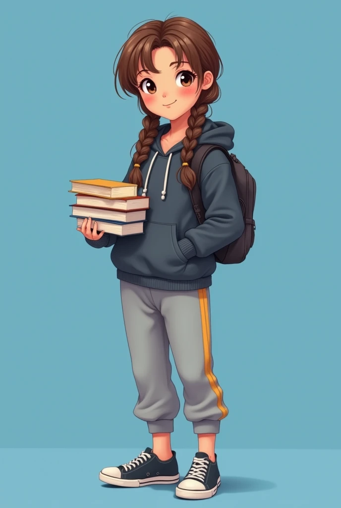 21 year old girl with brown hair in 2 braids holding books on a blue background animated character in disnay style .  Dressed in a dark gray hoodie and light gray tracksuits that with gold pajamas and to make her look like Im in a hurry somewhere so not br...