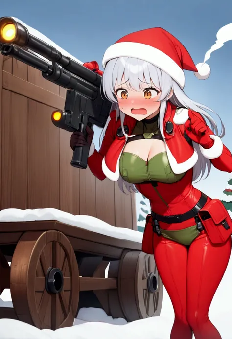 a cute woman (sexy sci fi combat outfit, cute, large laser gun smoking barrel, embarrassed), is apologizing to santa claus, she has shot up his sleigh, north pole Cristmas land
