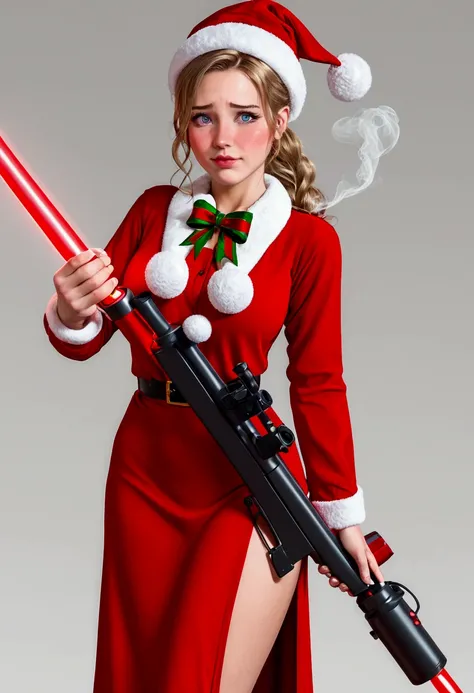 a cute woman (sexy sci fi combat outfit, cute, large laser gun smoking barrel, embarrassed), is apologizing to santa claus, she has shot up his sleigh, north pole Cristmas land
