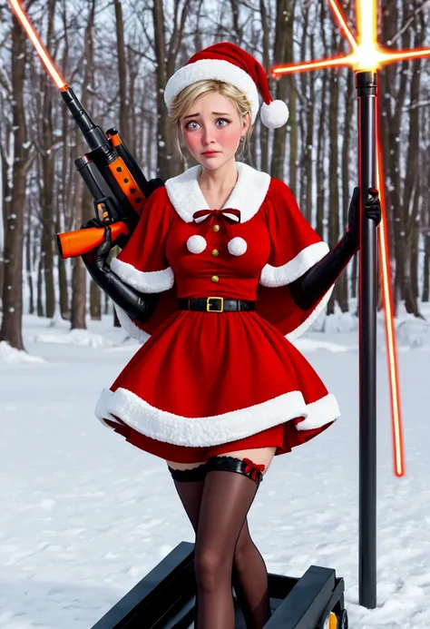 a cute woman (sexy sci fi combat outfit, cute, large laser gun smoking barrel, embarrassed), is apologizing to santa claus, she has shot up his sleigh, north pole Cristmas land
