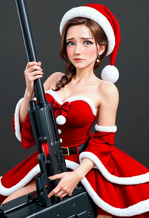 a cute woman (sexy sci fi combat outfit, cute, large laser gun smoking barrel, embarrassed), is apologizing to santa claus, she has shot up his sleigh, north pole Cristmas land
