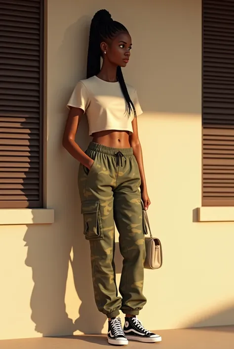 A young Black woman with long braids pulled back into a high ponytail stands against a light beige wall next to dark brown slatted blinds. She wears a light beige cropped t-shirt, camouflage cargo pants, and black and white sneakers. She carries a small of...