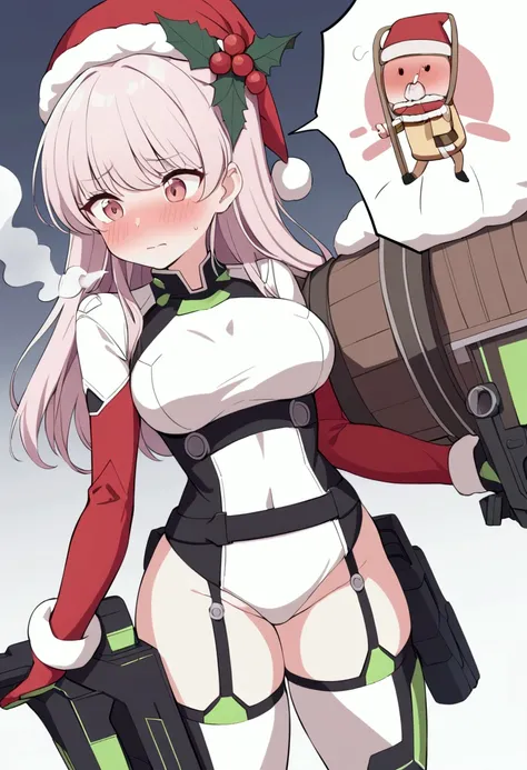 a cute woman (sexy sci fi combat outfit, cute, large laser gun smoking barrel, embarrassed), is apologizing to santa claus, she has shot up his sleigh, north pole Cristmas land
