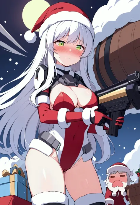 a cute woman (sexy sci fi combat outfit, cute, large laser gun smoking barrel, embarrassed), is apologizing to santa claus, she has shot up his sleigh, north pole Cristmas land
