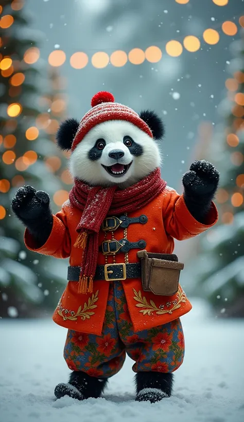 The panda character is personified, he wears a traditional Indian mens outfit and hat, brightly colored, standing and singing and dancing. Christmas scene, heavy snowfall, many decorated pine trees and warm light