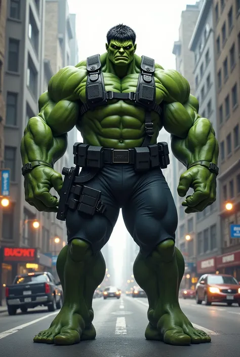 Police hulk standing in the streets looking in petty