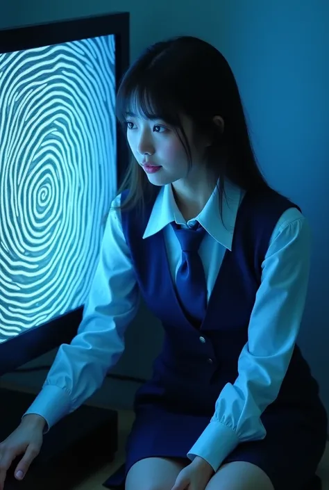   sexy Japanese woman , Age 25, self-defense officer ,uniform, white shirt,   Long Sleeve ,Navy blue vest, navy blue tie , navy blue pencil skirt,  in front of a spiral computer screen ,  she was hypnotized ,  her eyes swirled ,  she was staring at the scr...