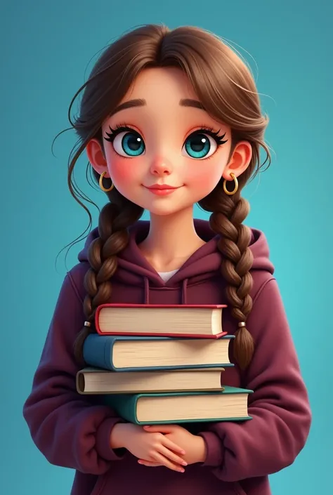  old girl with brown hair in 2 braids holding books on a blue background disnay style figure with blue eyes in a hoodie in dark burgundy that gold earrings
