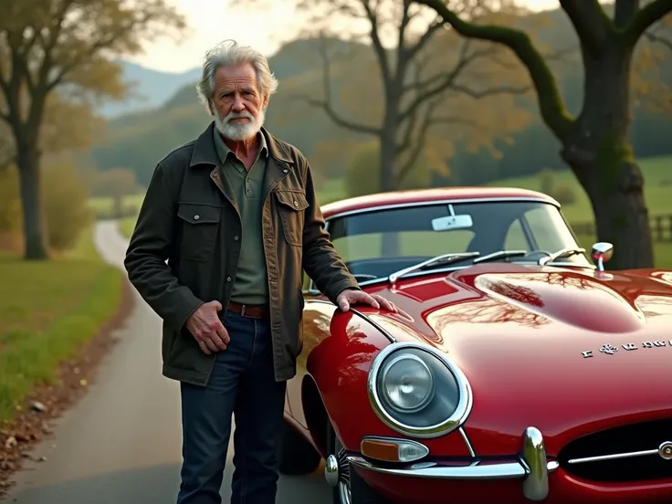 Hyper-realistic photo of a man with gray hair and beard with an old Jaguar E-Type on the side of the road