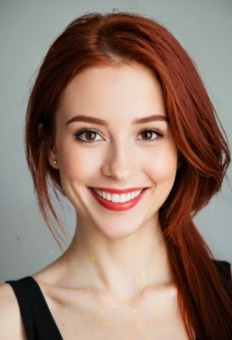 beautiful lady,  large eyes ,  big smile ,  brown eye ,  Red hair , dark makeup,  Hyperdetailed photo , Soft light, head and shoulder portrait , lid? looks straight into the frame