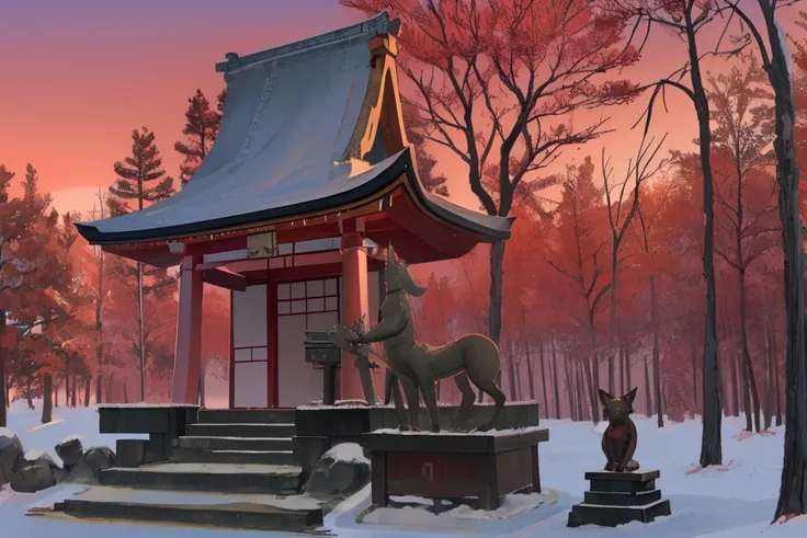 japanese shrine , 2 fox bronze statue, pine tree, mysterious mood, red sky, night, spring