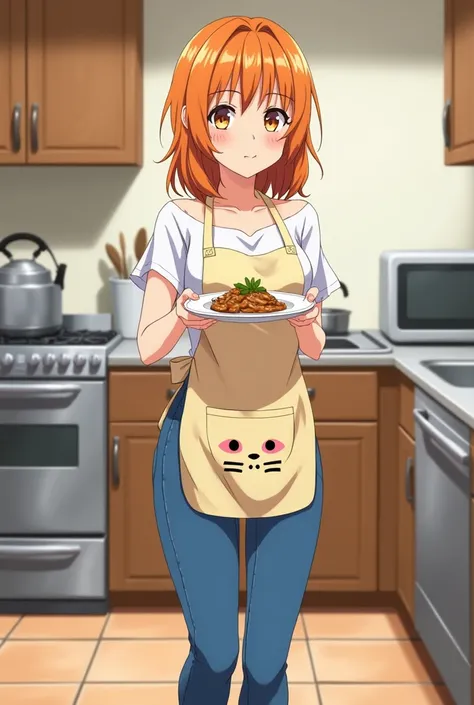  anime Asuna Yuuki with orange hair and orange eyes . She is wearing blue jeans and a blouse .  She is wearing a cooking apron and plate with food she is standing in the kitchen