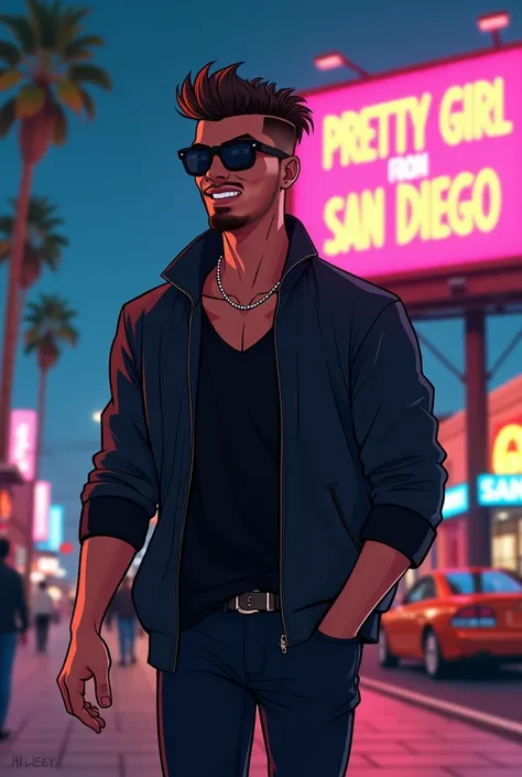 A handsome man with a nice jaw line with a goatee, long pompadour skin fade hairstyle, black clothing, walking down San Diego at night with a billboard that says “Pretty Girl from San Diego”, sunglasses, small thin gold chain, cartoon style, medium skinny ...