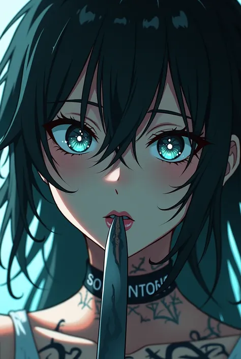  Anime girl with long, uneven hair and dark, licking a knife and looking crazy ,  with chameleon-colored gray blue eyes ,  tattooed all over her neck against the background of school villains 