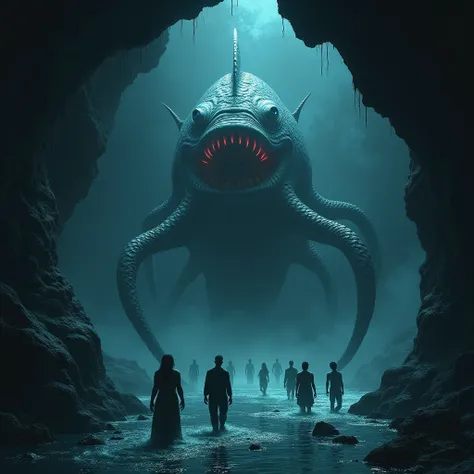 Giant angler fish monster lurking in shallow water at night, mouth blending seamlessly with rocky cave entrance. Tentacles morph into alluring women, their tips aglow with soft white phosphorescence. Drunken sailors wander into frame, drawn to the subtle s...