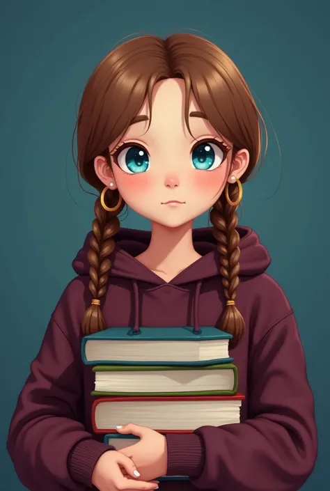  old girl with brown hair in 2 braids holding books on a blue background disnay style figure with blue eyes in a dark burgundy hoodie that gold earrings with a prettier back ami of books that she holds in her hands
