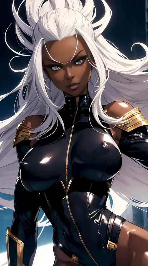 Storm from X men, dark skin, African features, sexy face, long white hair mohawk, wavy hair, wearing black padded leotard, leather shoulder pads, long black gloves, lightning around her, exposed nipples, huge breasts, dynamic pose, sexy pose, seductive fac...