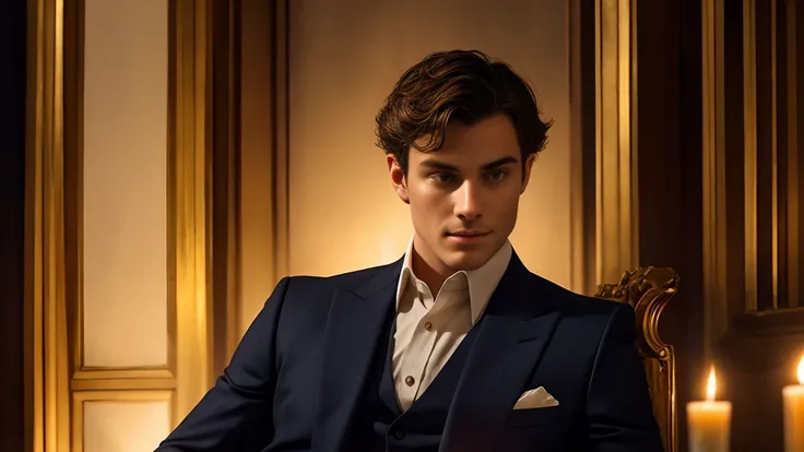 Ezra, a handsome man sits confidently, his tailored black suit exuding sophistication as he holds a glass of wine with a subtle sheen, the amber liquid reflecting the warm light of the flickering candle casting a golden glow on their faces. The realistic, ...