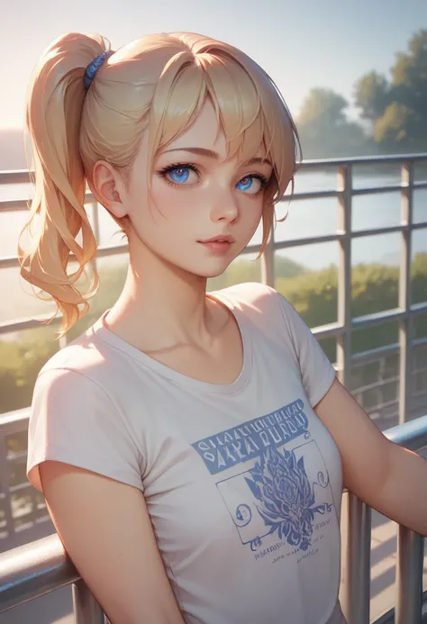 （（masterpiece， Best Quality ）），AN ANIME GIRL WEARING A LOW-BREASTED T-SHIRT，side photo， Ponytail ， Exquisite Eyes on Handrail ，Chest， blue eyes， high resolution ，masterpiece， anatomically correct， Very Detailed ， textured skin ，
