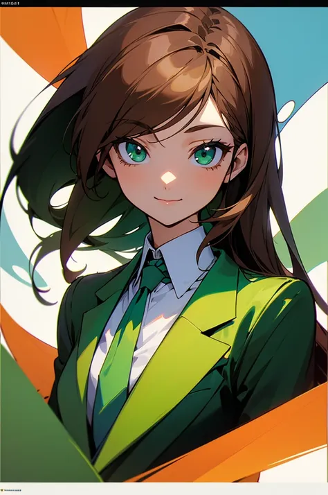 The beautiful anime poster shows a girl with brown hair and green eyes dressed in a business suit. The poster is made in bright and saturated colors that emphasize the beauty of the girl and create an atmosphere of intrigue and mystery, full-length, The gi...