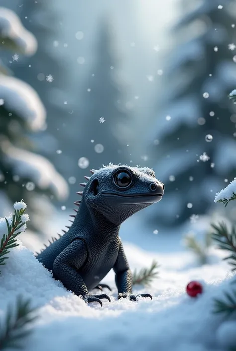 What a cute black lizard looks like when its snowing on Christmas