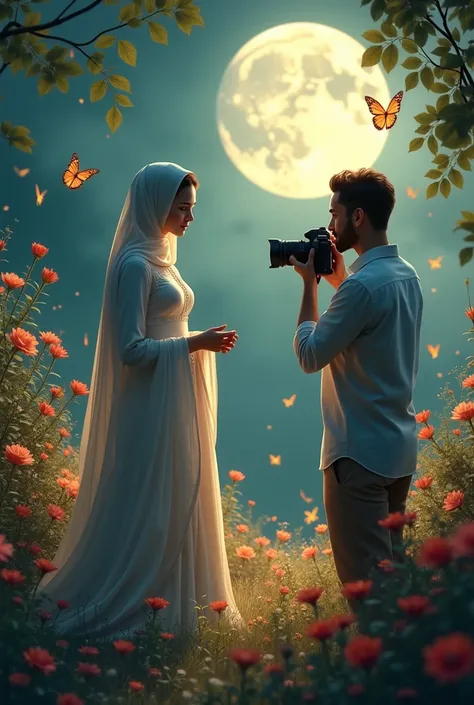 A beautiful islamic lady and a man lucking a camera in a flower garden full of butterflies in night full moon