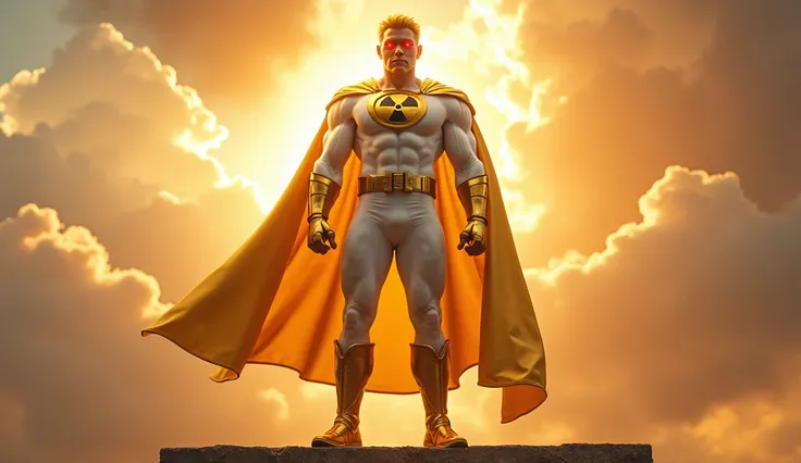 a huge muscular asian superhero with piercing dark red eyes and short gold blond hair. , Aura Of Thunder around body, standing on the top of a building , wearing a ( white latex suit) and high golden boots, with a (golden cape) billowing behind, (nuclear f...